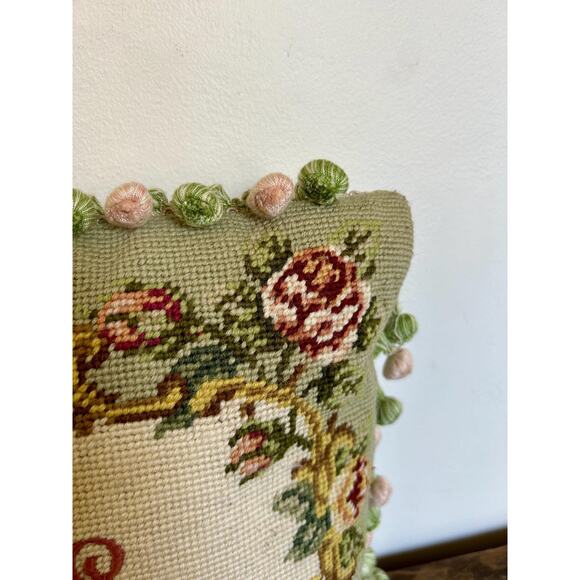 Vintage Needlepoint Pillow with Rose Motif | Cottagecore - Picture 2 of 4